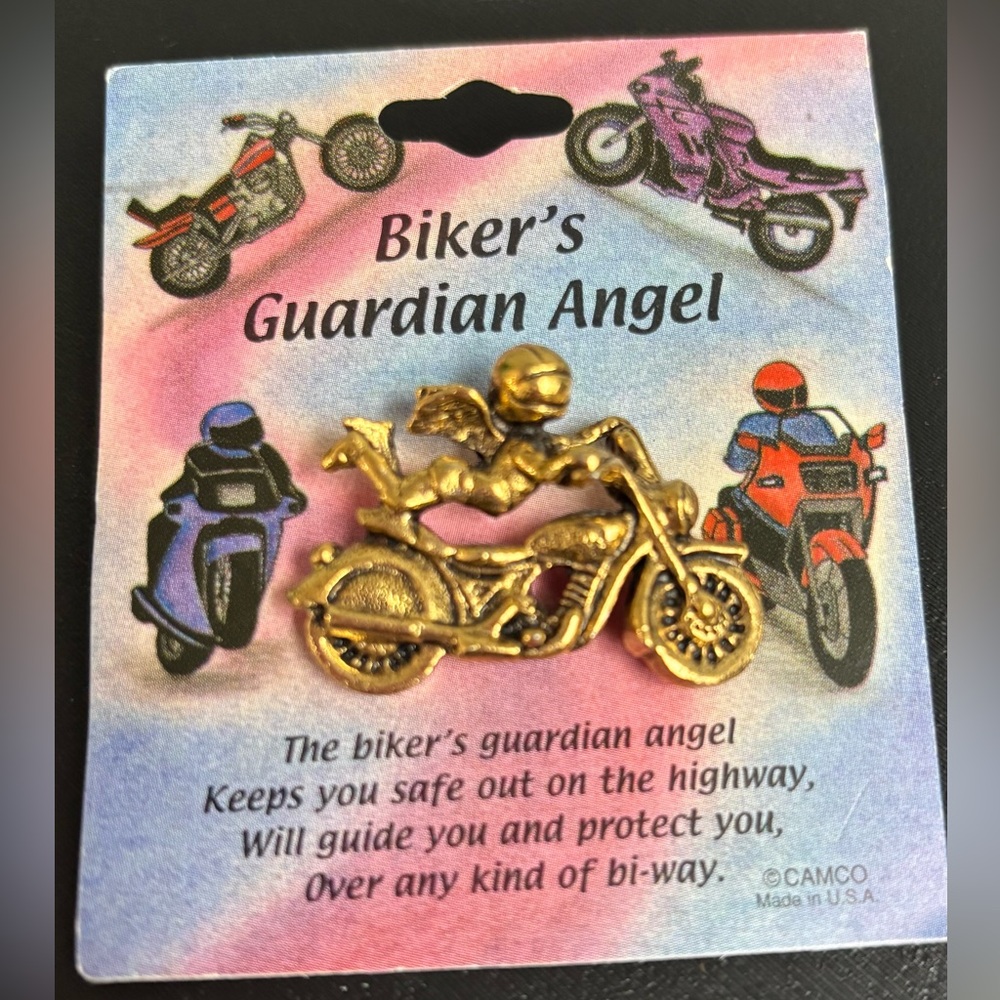 5/$25 (Pick 5 items for $25 Labeled) 
Goldtone Biker's Guardian Angel Pin